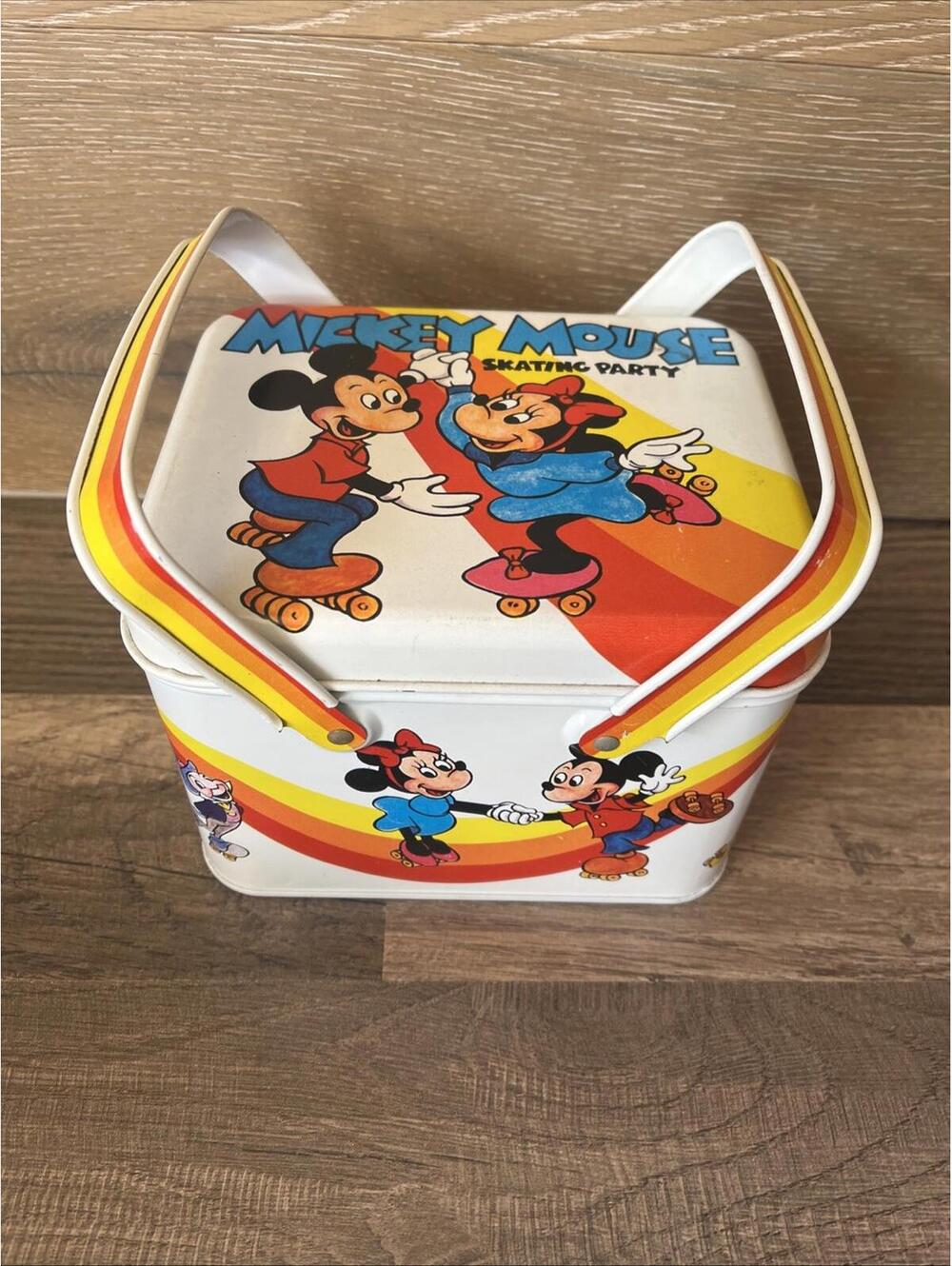 Walt Disney Vintage Mickey Mouse Skating Party Double Handle Rare Lunch Tin Box
